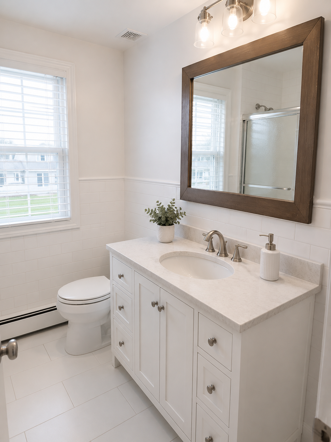 Bathroom remodel — white shaker vanity, quartz countertop, subway tile wainscoting and wood-framed mirror